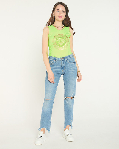 Bluză neon verde pe bretele cu imprimeu și zirconiu cubic - Îmbrăcăminte