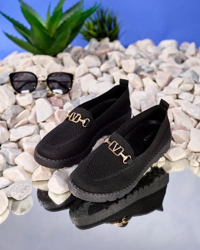 Royalfashion Mocasini negri din stofă pentru femei cu ornament auriu Ertica