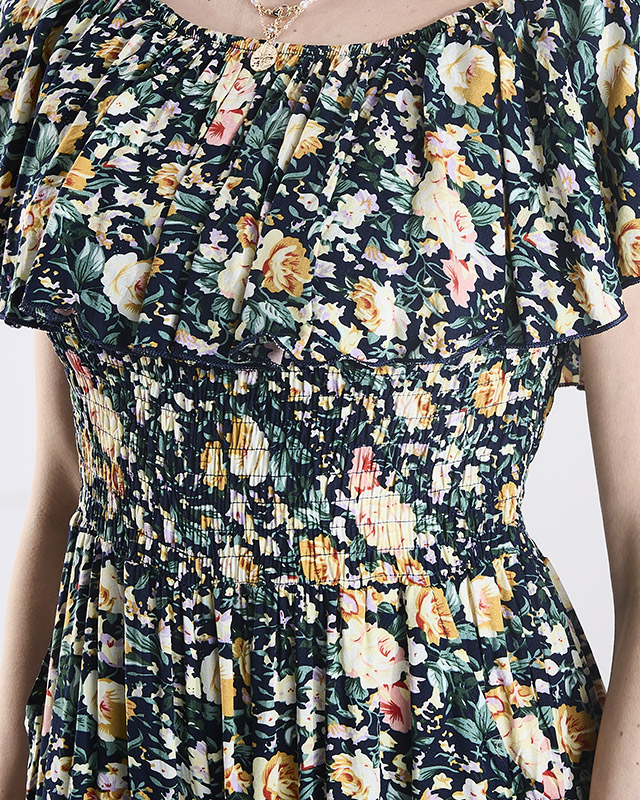 Salopetă lungă galben-marină cu model floral pentru femei - Îmbrăcăminte