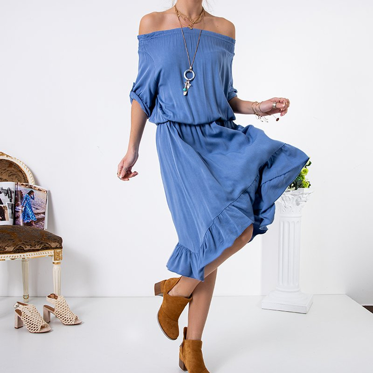 Rochie asimetrică albastră pentru femei a'la spaniolă - Îmbrăcăminte