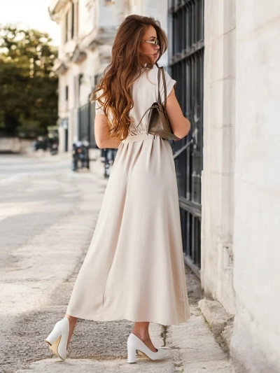 Rochie midi pentru femei Royalfashion cu decolteu înfășurat, mâneci scurte și un centură