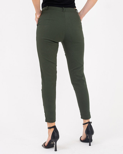 Pantaloni de dama din stofa verde cu nasturi decorativi - Imbracaminte