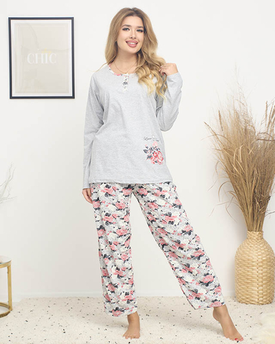 Pijamale dama cu imprimeu floral in culoare gri PLUS SIZE - Imbracaminte