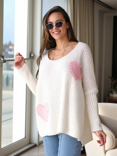 Pulover acrylic oversized pentru femei Royalfashion cu inimioare