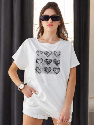 Royalfashion Tricou din bumbac pentru femei Cu multe inimi