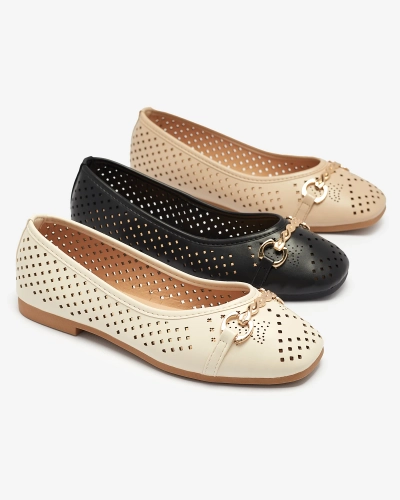 Balerini negri de damă traforați cu ornament auriu Serilla- Footwear