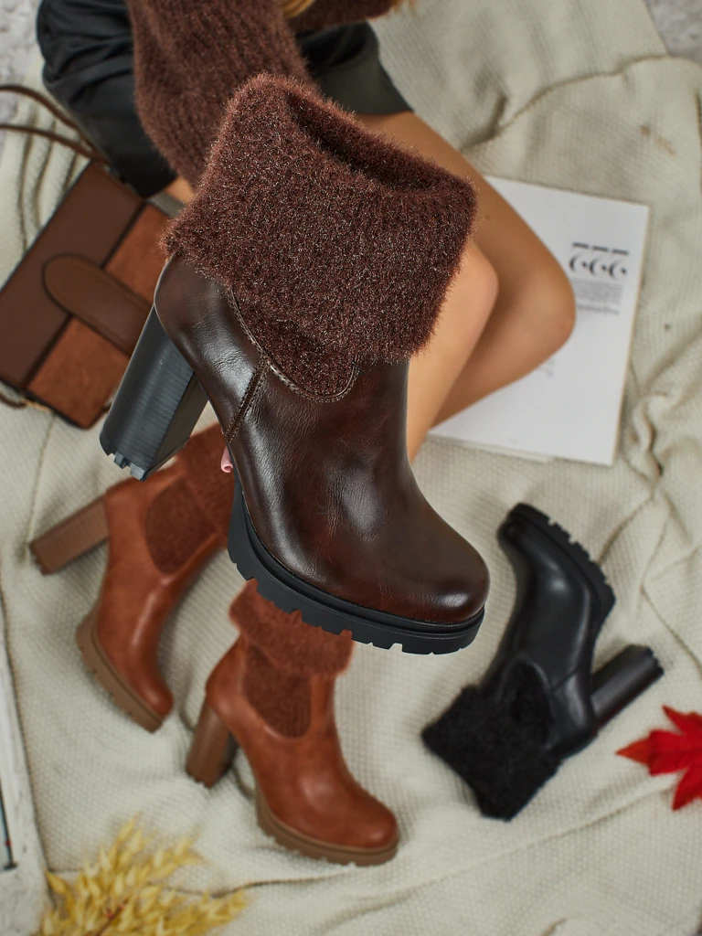 Botine de damă din piele ecologică cu toc gros și tricot Tirave