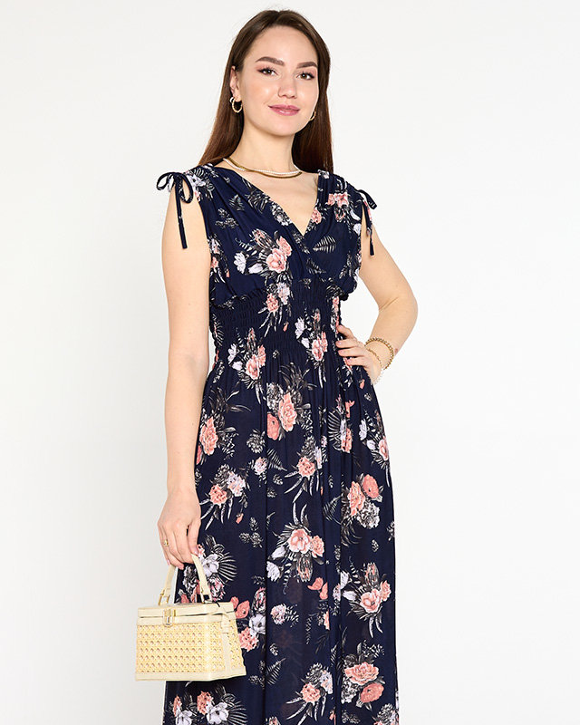 Rochie maxi de dama bleumarin cu flori - Imbracaminte