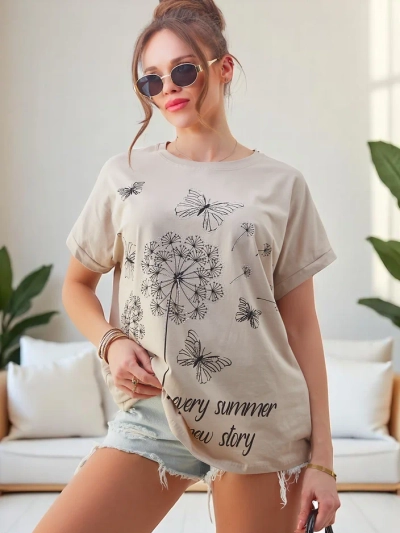Royalfashion Tricou din bumbac pentru femei cu păpădii și un fluture