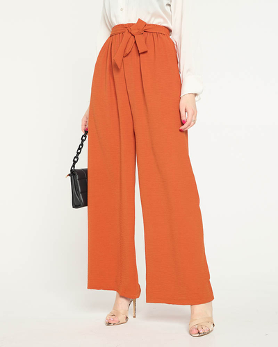 Pantaloni palazzo largi portocalii de damă cu bandă cravată în talie - Îmbrăcăminte