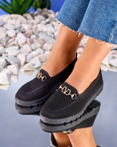 Royalfashion Mocasini negri din stofă pentru femei cu ornament auriu Ertica