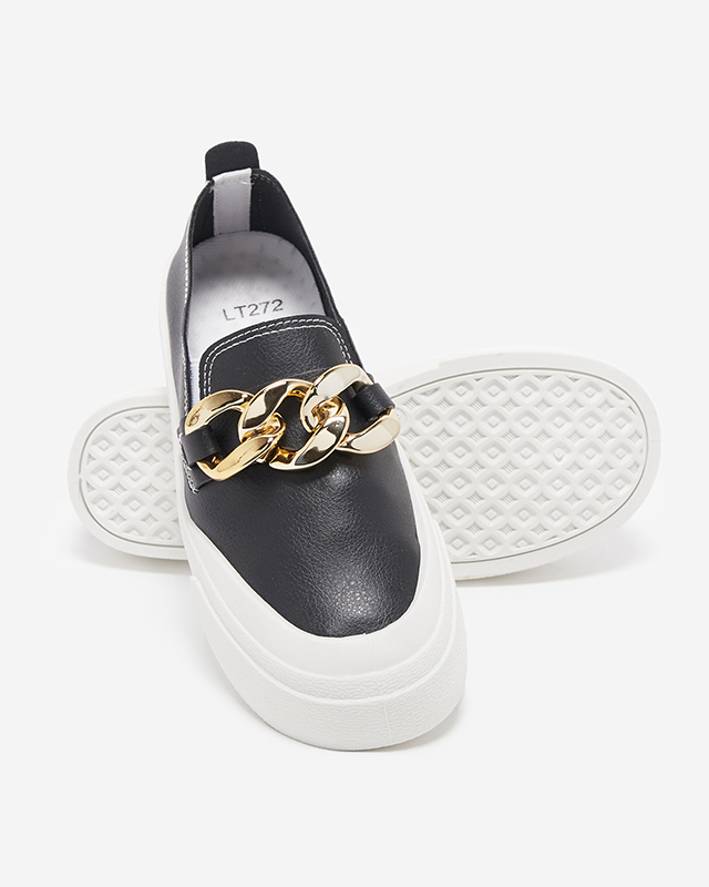 Pantofi de damă negri cu slip-on pe talpă mai groasă cu decor Senula - Încălțăminte