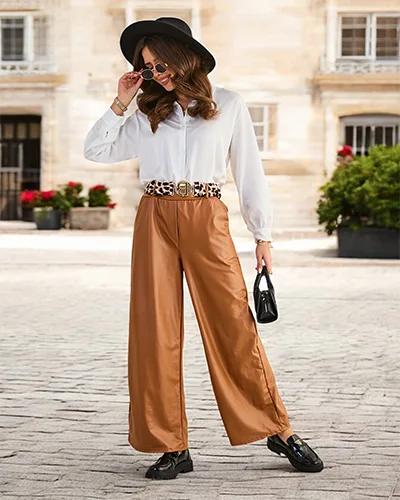 Pantaloni largi din ecopiele pentru femei de la Royalfashion