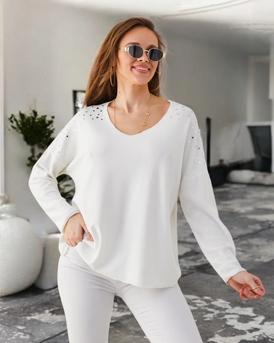 Pulover subțire din viscoză pentru femei Royalfashion cu strassuri pe umeri