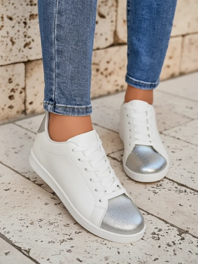 Sneakers de damă Royalfashion Calista argintiu-alb, eleganți, piele ecologică