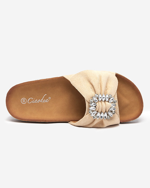 OUTLET Papuci de dama din piele intoarsa ecologica bej cu catarama Nals - Incaltaminte