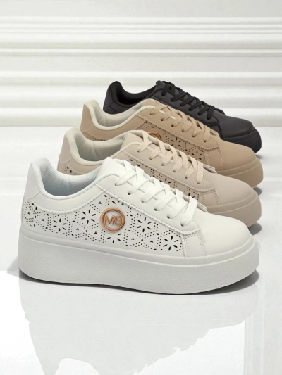 Sneakers damski Aelia Royalfashion pe platformă albi ajour ecru