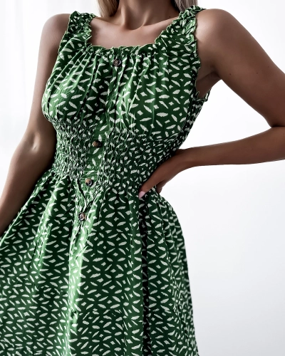 Rochie de damă până la genunchi cu imprimeu în verde închis- Îmbrăcăminte