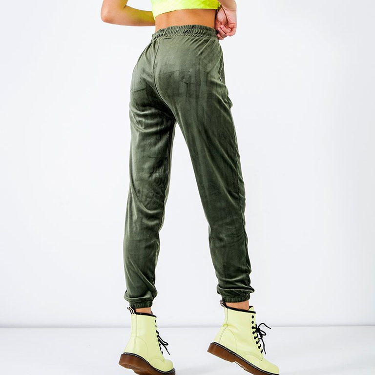Pantaloni de trening din velur verde închis cu inscripție - Îmbrăcăminte