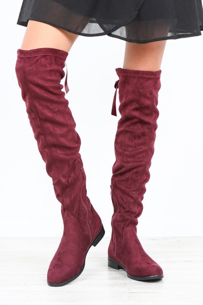 Bordowe kozaki na płaskim obcasie Kalina- Obuwie