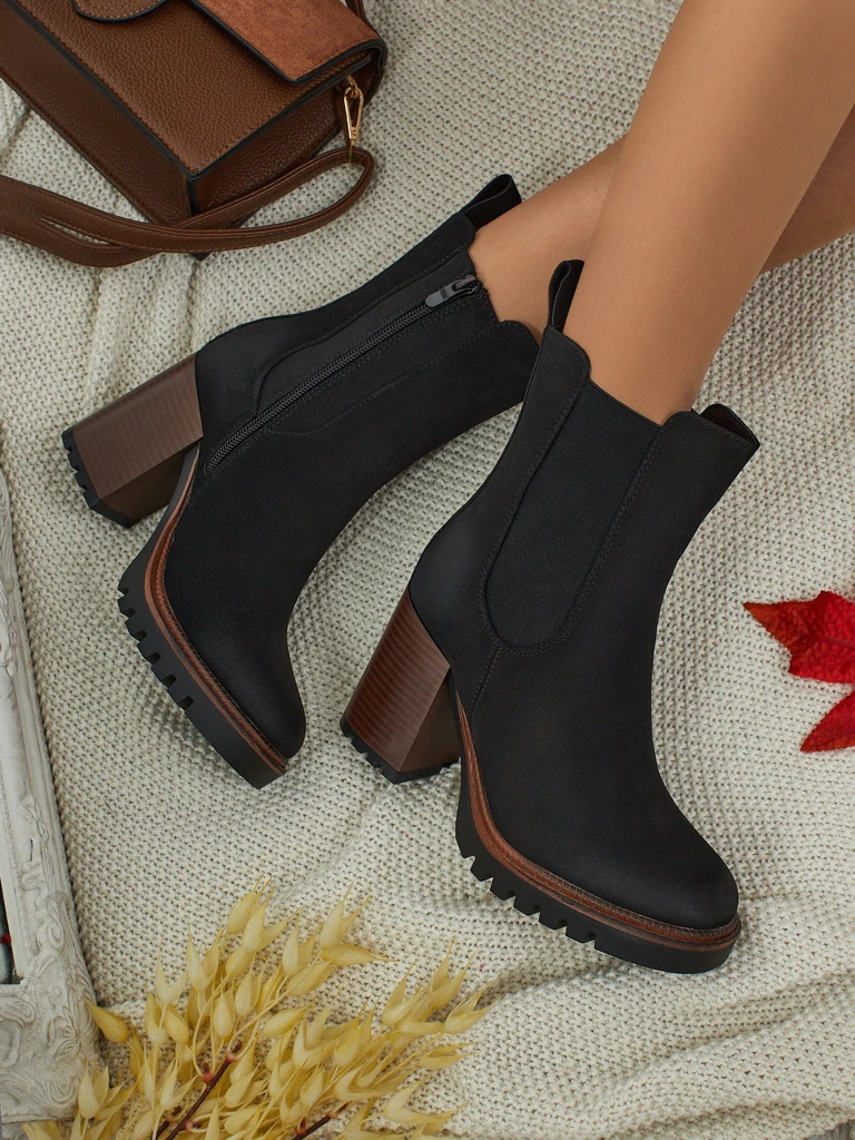 Botine de damă Soreya din piele ecologică intoarsă cu toc gros