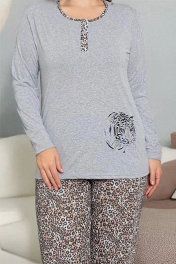 Royalfashion Pijamale gri pentru femei, din 2 piese, cu imprimeu leopard Mărime plus