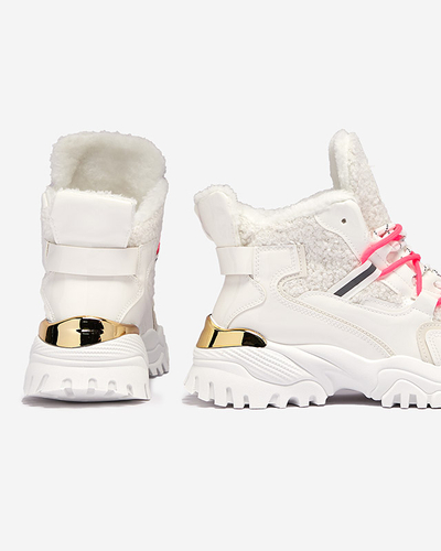 Pantofi sport de damă albi cu blană și șireturi roz neon Sagglo- Footwear