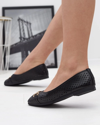 Balerini negri de damă traforați cu ornament auriu Serilla- Footwear