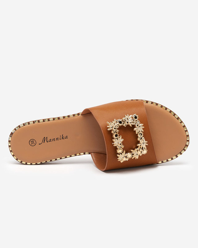 OUTLET Papuci eleganti de dama maro deschis cu decor auriu Meriso - Incaltaminte