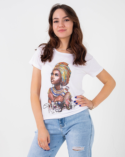 Tricou alb dama cu imprimeu colorat si paiete - Imbracaminte