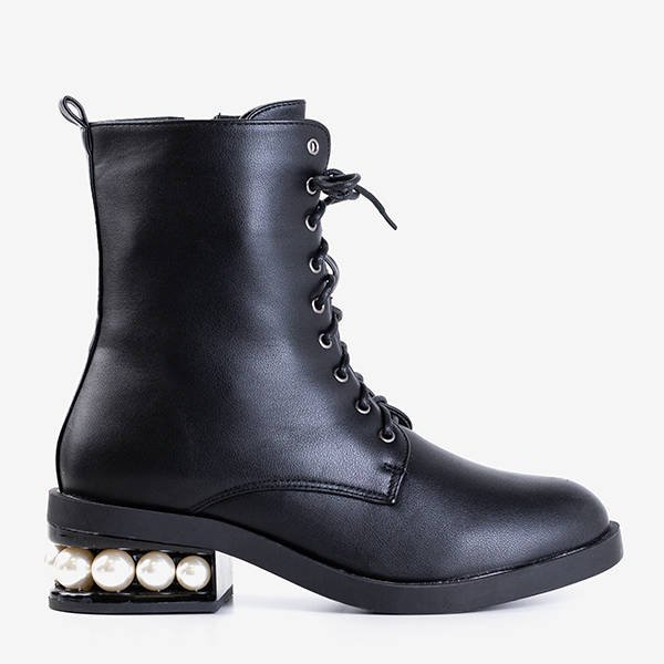 Ghete dama cu toc plat negru, cu perle Minot - Încălțăminte