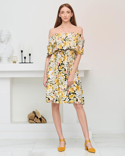 Rochie galbenă până la genunchi cu model floral multicolor - Îmbrăcăminte