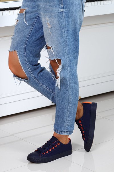 Granatowo-pomarańczowe trampki z tkaniny- Obuwie