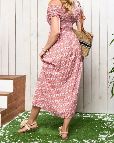 Rochie midi pentru femei de culoare corai cu model floral - Îmbrăcăminte