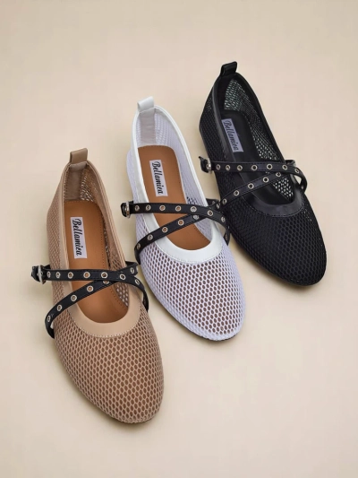 Balerini Royalfashion Arethusa Nero din plasă cu toc plat