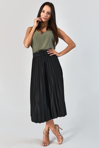 Czarna plisowana spódnica midi z paskem - Odzież