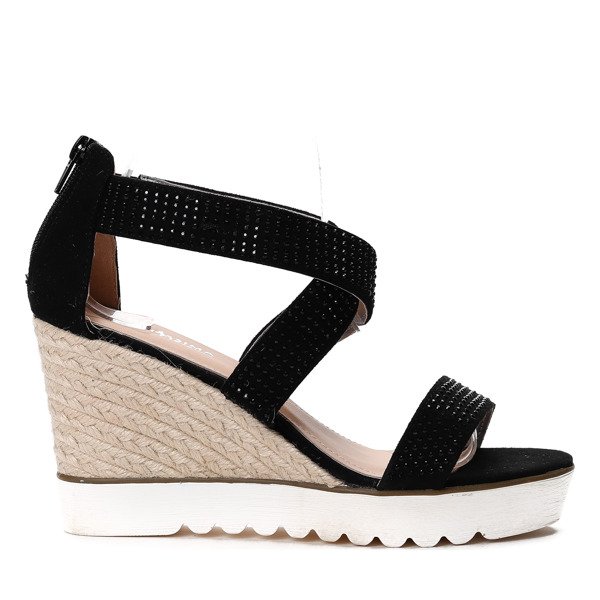 Czarne sandały na koturnie z cyrkoniami Chika- Obuwie