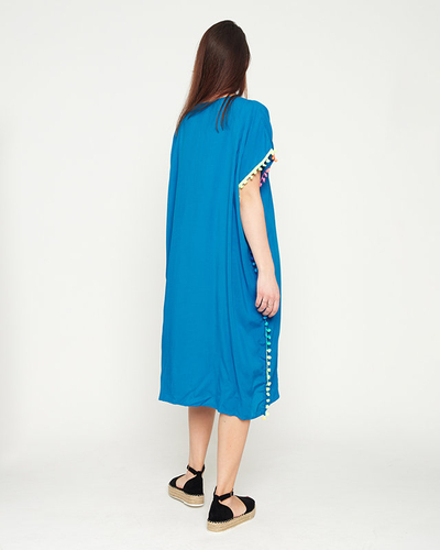 Tunica de plaja dama albastra de vara cu pompoane - Imbracaminte