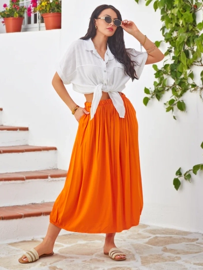 Fustă midi de vară Royalfashion din viscoză pentru femei, ușoară, cu două buzunare