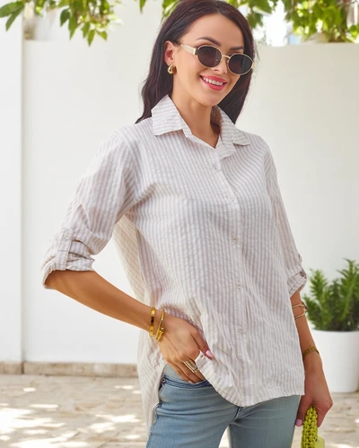 Cămașă femei din bumbac în dungi cu un nod în partea de jos