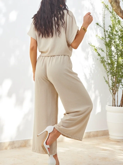Royalfashion Compleu femei cu cămașă scurtă cu mâneci legate și pantaloni evazați cu pietre strass
