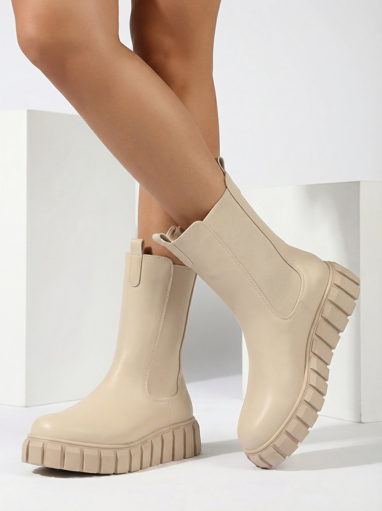 Royalfashion Cizme cu toc înalt plat de damă în ecru Elicane