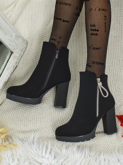 Botine de damă din piele ecologică cu toc gros Marellin