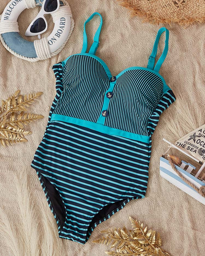 Costum de baie negru dintr-o bucată de damă cu dungi de mentă - Lenjerie intimă