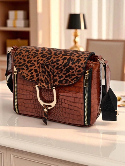 Geantă Ariadne Camel Croco cu Clapetă Panteră – Poștaș Elegantă