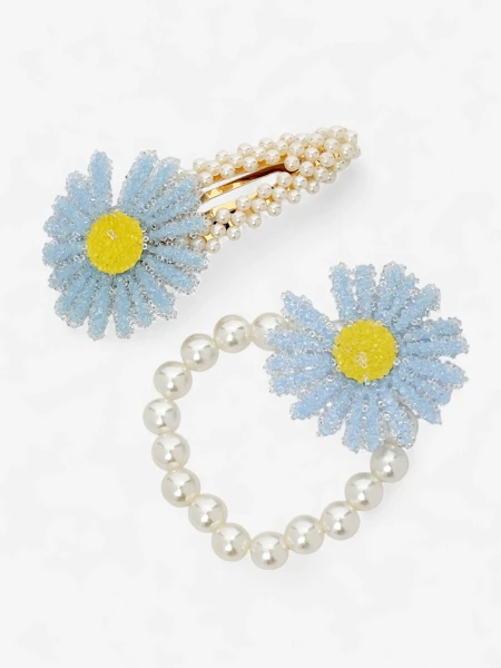 Royalfashion Set de agrafe și elastice de păr cu floare Flora Perla