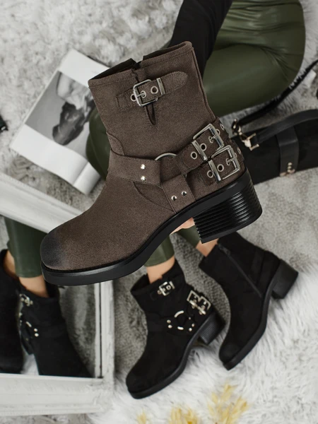 Botine de damă din piele ecologică întoarsă cu catarame Valtos