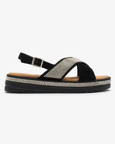 Royalfashion Sandale negre de damă din eco-suede cu zirconii Trikys