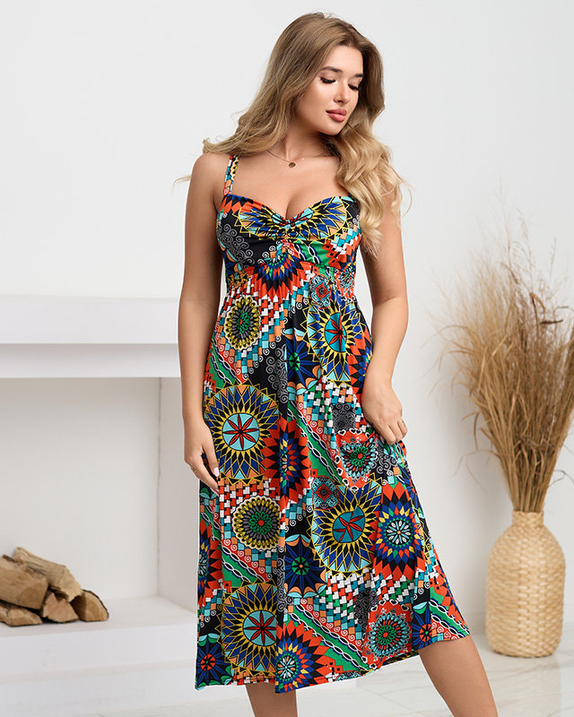 Rochie midi portocalie cu model geometric colorat - Imbracaminte