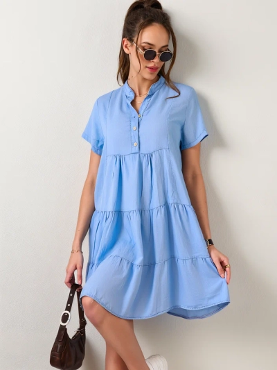 Royalfashion Tunică pentru femei, cusută ca o rochie, cu decolteu din denim cu nasturi